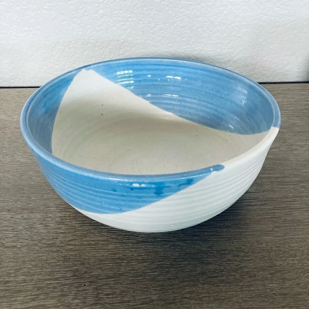 Ceramic Handmade Blue Geometric Pottery Serving Decor Bowl